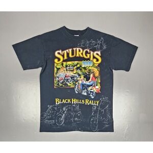 Sturgis Motorcycle T-Shirt Mens Large Vintage 2000 Black AOP Anvil‎ Tee